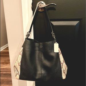 Coach Lexi Black Pebble Leather Shoulder Bag with Snakeskin Embossed Trim
